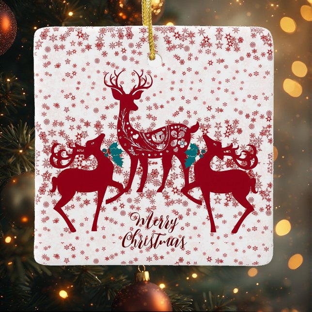 God jul Nordic Reindeer Snöflingor Scandia Julgransprydnad Keramik (Merry Christmas Nordic Reindeer Snowflakes Scandia Ceramic Ornament)