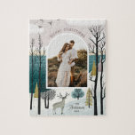 God jul. Nordiskt foto av vinterskogar Pussel<br><div class="desc">Julfoto-pussel med tecknad vinterskogar nordiskt landskap.</div>