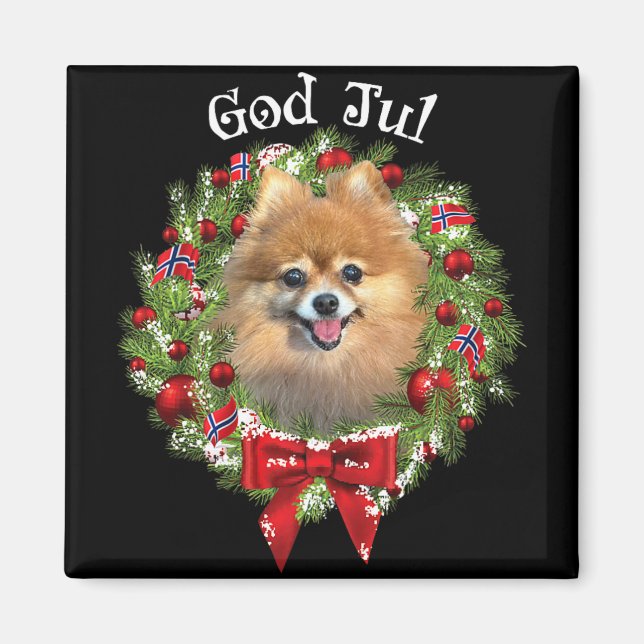 God Jul Norsk Pomeranian Hund Julkrans  Magnet (Framsidan)