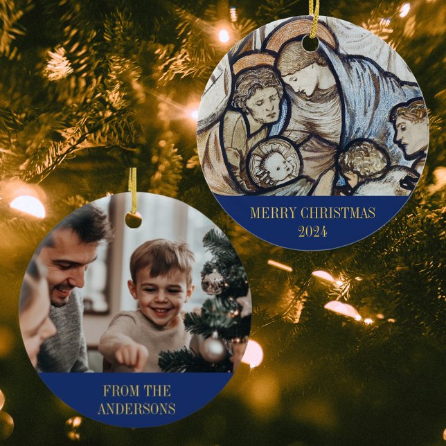 God jul Ntivity Religiösa Christian Photo Julgransprydnad Keramik (Modern Elegant Blue Merry Christmas Nativity Scene Religious Christian Catholic Photo Ornament)