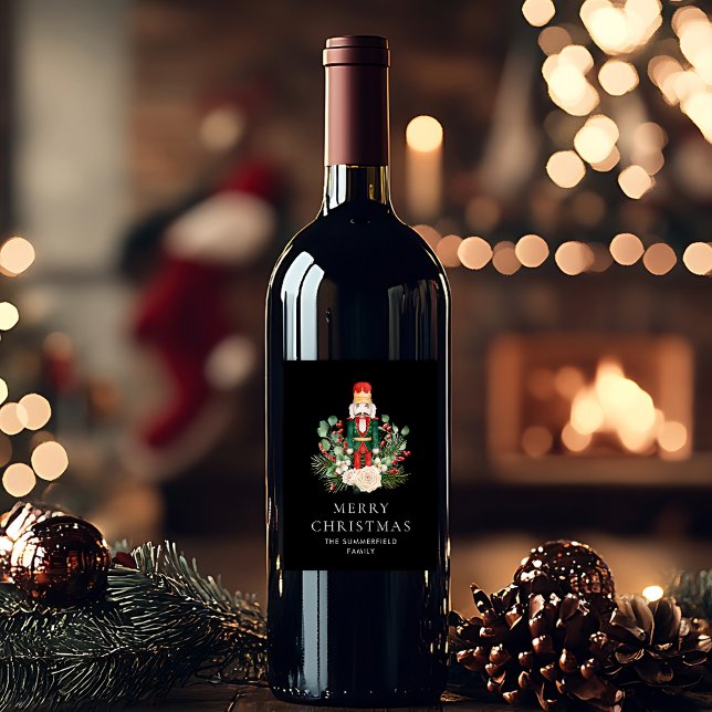God jul Nutcracker-skript, botanisk Anpassningsbar Vinflaska Etikett (Merry Christmas Nutcracker Script Botanical Custom Wine Label)