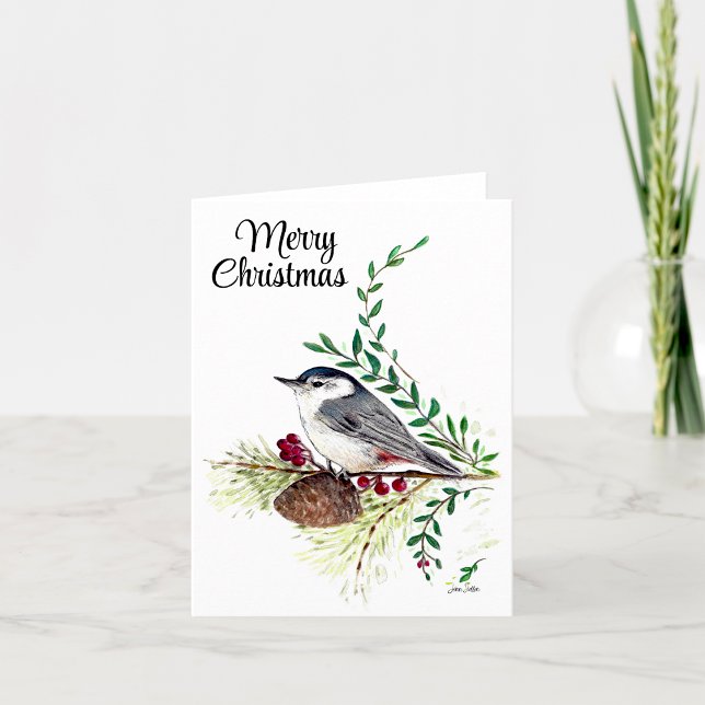 God jul Nuthatch Bird Helgdag Card Kort (Merry Christmas Nuthatch Bird Holiday Card from Jenn's Emporium. )