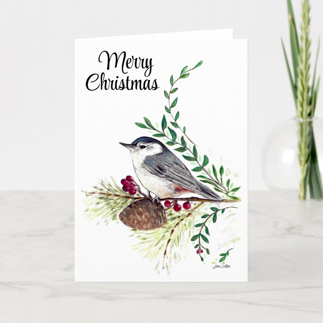 God jul Nuthatch Bird Helgdag Card Kort (Merry Christmas Nuthatch Bird Holiday Card from Jenn's Emporium. )