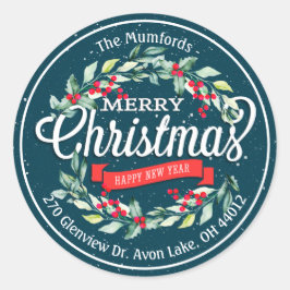 God jul - nyår Blommigt Red Berry Adress Runt Klistermärke