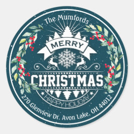 God jul - nyår Blommigt Red Berry Adress Runt Klistermärke