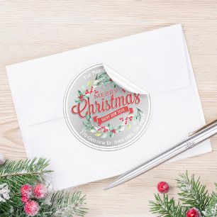 God jul - nyår Blommigt Red Berry Adress Runt Klistermärke