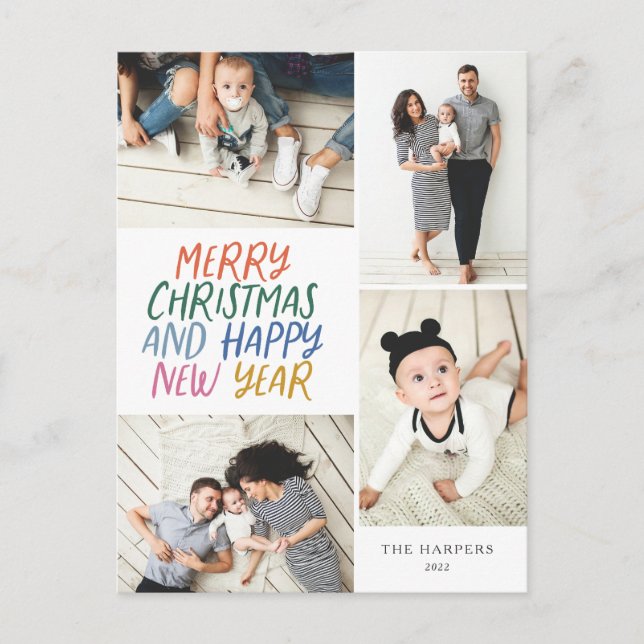 God jul nyårsfärgad 4 fotokollage helg vykort (Framsida)