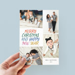 God jul nyårsfärgad 4 fotokollage julkort<br><div class="desc">Den här snyggten och det fantastiska multifotokortet har en handskriven formaterad helgdag ljusa färger med en fotokollage som visar 4 av dina foton. Baksidan har en flytande punkt mönster i matchande färg. Lägg bara till foton och text med några knappar och klick så är du klar. Om du vill anpassa...</div>