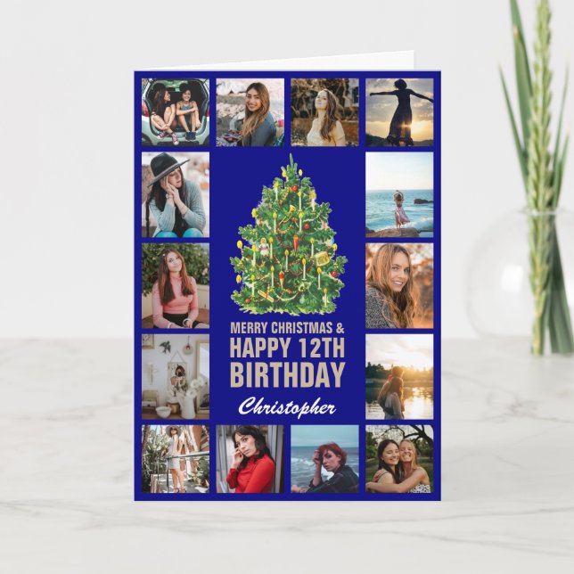 God jul och 12:e Grattis på födelsedagen marinblåt Kort (Framsida)