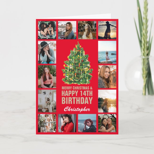 God jul och 14:e Grattis på födelsedagen Red & Gul Kort (Framsida)