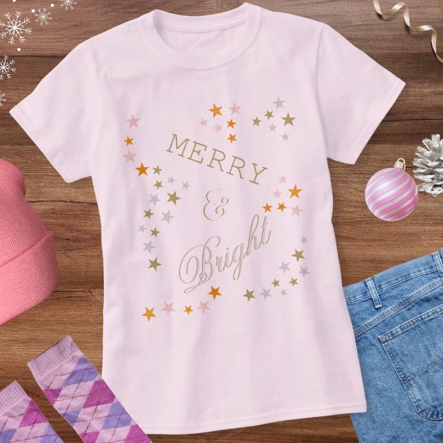 God jul och Bright Faux Guld Silver Stars jul T Shirt (A t-shirt for the festive season, with faux gold and silver stars, and 'Merry & Bright' words)