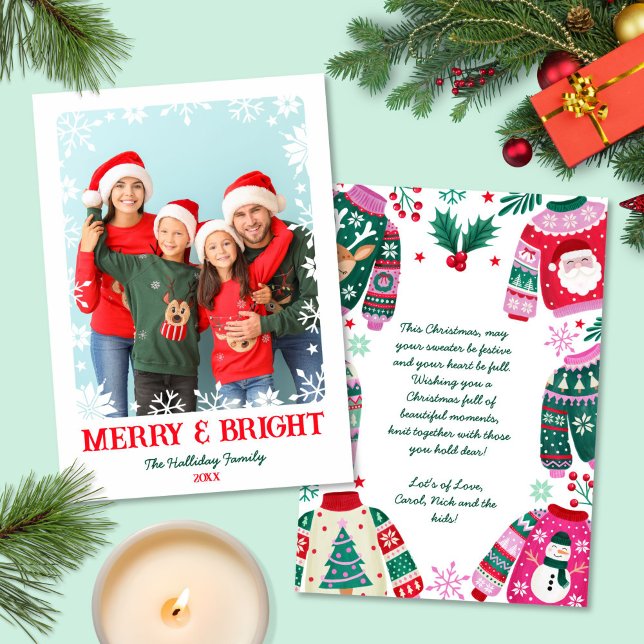 God jul och Bright Snöflingor 1 Fotojul Julkort (Merry and Bright Snowflakes 1 Photo Christmas Holiday Card)