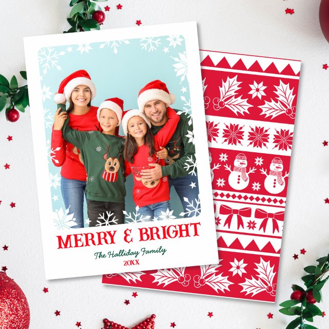 God jul och Bright Snöflingor 1 Fotojul Julkort (Merry and Bright Snowflakes 1 Photo Christmas Holiday Card)