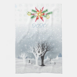 God jul och Gott nytt år! 2024 JULAFTON Snö Kökshandduk