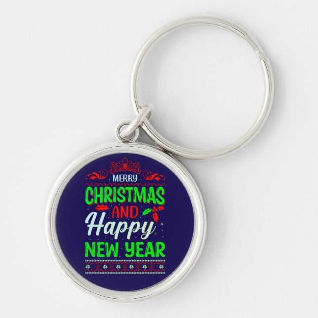God jul och Gott nytt år-61064 Rund Silverfärgad Nyckelring (Framsidan)