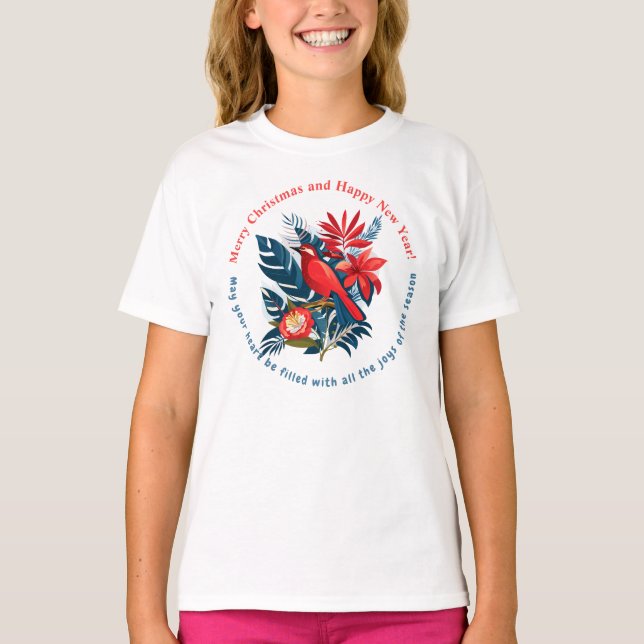 God Jul och Gott Nytt År! Röd fågel BOHO T Shirt (Framsida)