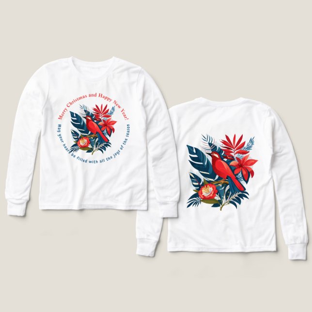 God jul och gott nytt år! Röd Fågel BOHO T Shirt (Design framsida och baksida)