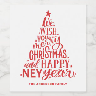 God jul och Gott nytt år. Röda bokstäver Vinflaska Etikett