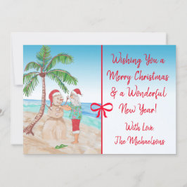 God jul och Gott nytt år Santa vid Beach Kort