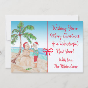 God jul och Gott nytt år Santa vid Beach Kort