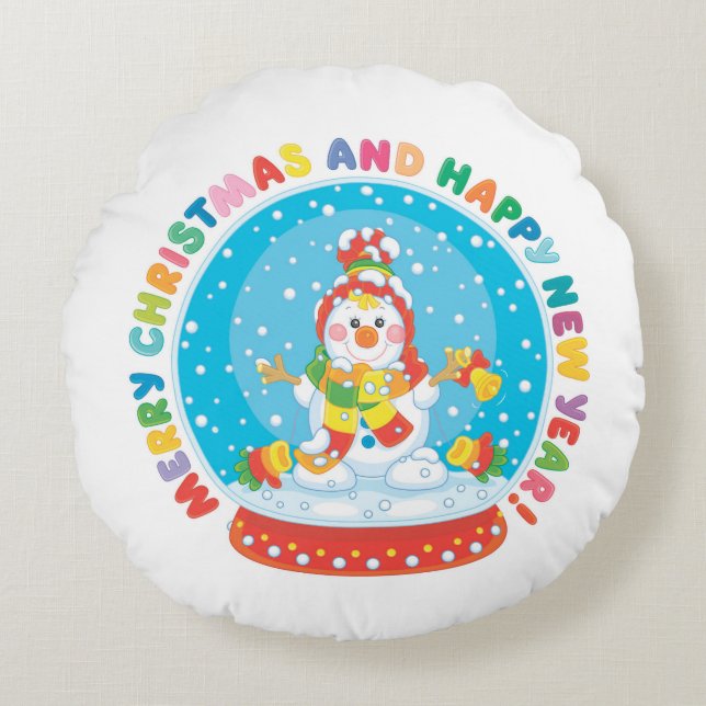 God jul och Gott nytt år Snögubbe Rund Kudde (Framsidan)