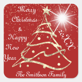 God jul och Gott nytt år Träd Red Guld Fyrkantigt Klistermärke