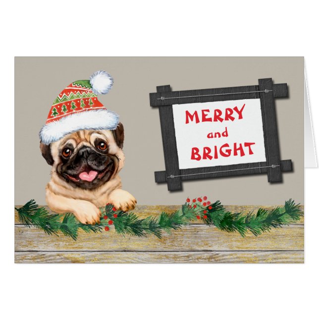 God jul och lätt Hund i Cute Pug Hälsningskort (Framsidan Horizontal)