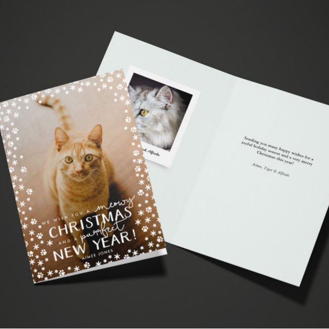 God jul och perfekt nyårskat Helgdag Helgkort (folded cat Christmas holiday and new year greeting card with custom photo and message inside)