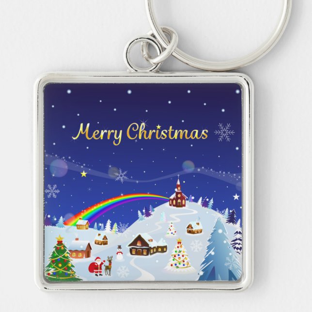 God jul och Rainbow Santa Fyrkantig Silverfärgad Nyckelring (Framsidan)