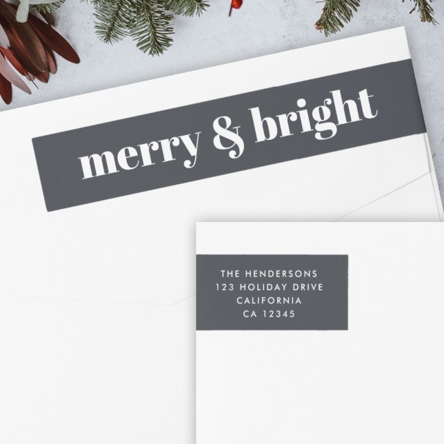 God jul och Trendig i svartvitt Etikettband (“Merry & Bright” envelope wrap address label by Guava for your festive mail)