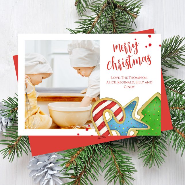 God jul One Photo Colorful Cookies Julkort (Merry Christmas holiday cute photo card with Cookie cutouts artwork.)