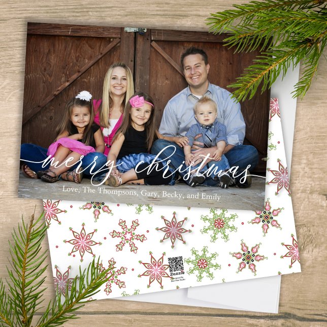 God jul One Photo Colorful Snöflingor Julkort (Merry Christmas calligraphy script whimsical cute colorful snowflake pattern photo card.)