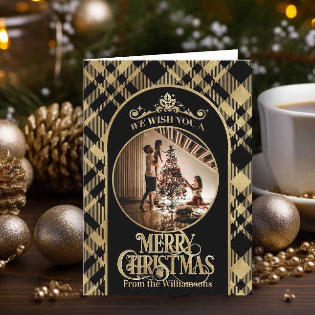 God jul Önskemål-fotoporten Julkort Helgkort (Elegant black and gold Merry Christmas holiday card personalized with photo and family name)