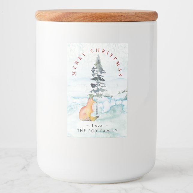 God jul Önskemål Watercolor Winter Fox Mat Etikett (Framsida)