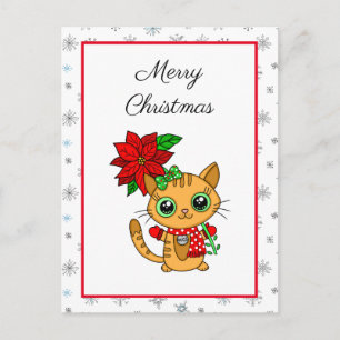 God Jul Orange Katt med Poinsettia Vykort