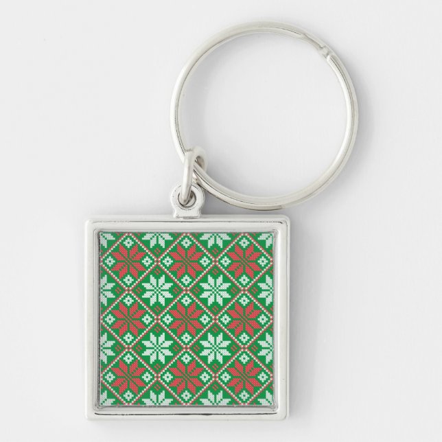 God jul Ornament Fyrkantig Silverfärgad Nyckelring (Framsidan)