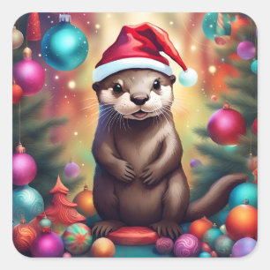 God Jul Otter Fyrkantigt Klistermärke