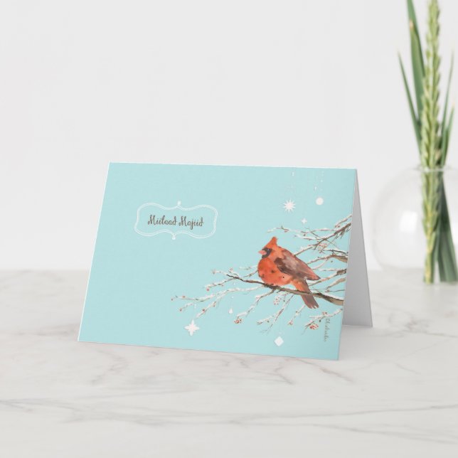 God jul på arabiska, röda kardinalfåglar helgkort (Framsida)