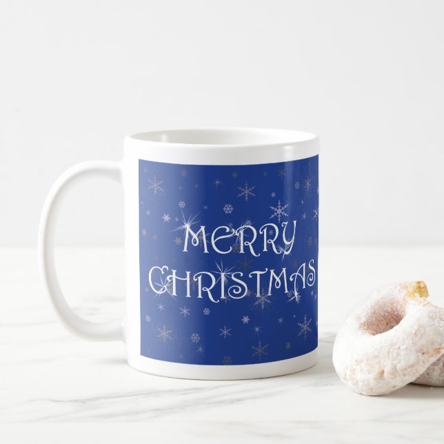 God jul på Blue med Snöflingor Kaffemugg (Med munk)