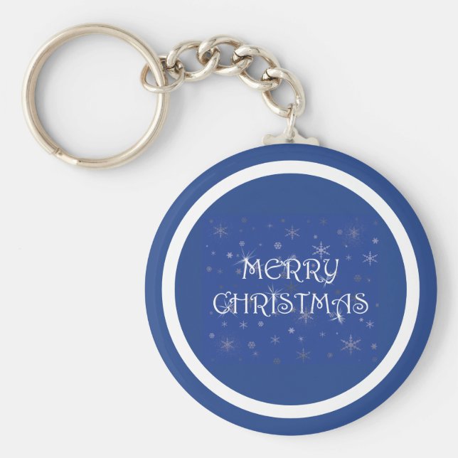 God jul på Blue med Snöflingor Nyckelring (Framsidan)