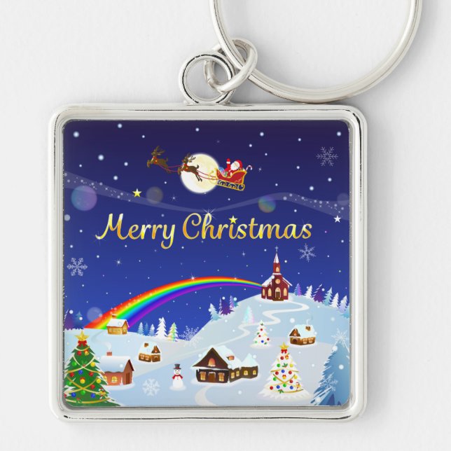 God jul på hela månen fyrkantig silverfärgad nyckelring (Framsidan)