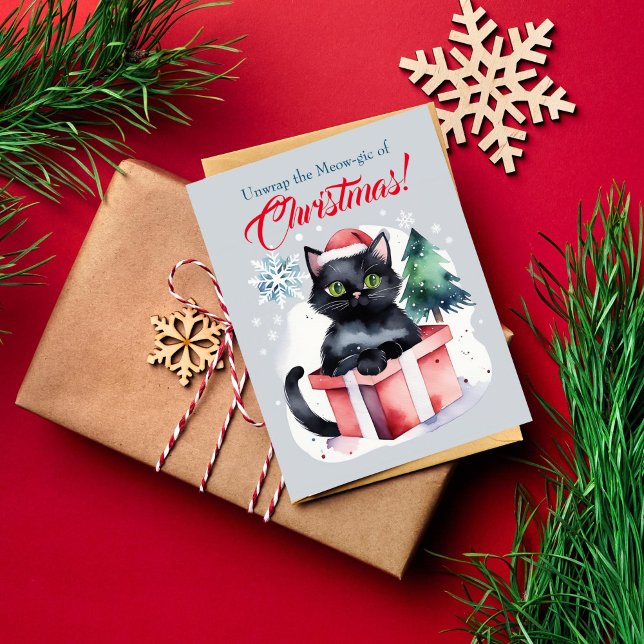 God jul på kattmänniskor Po Vykort (Cat Christmas greeting postcard for cat people watercolor cute black cat in red hat inside gift box)