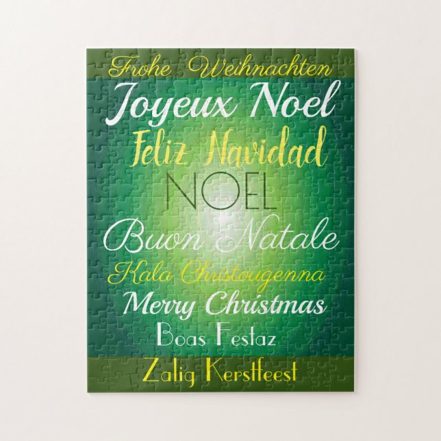 god jul! På många språk på Grönten Pussel (Vertikal)