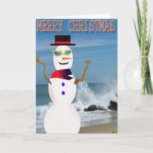 God jul på stranden snögubbe helgkort