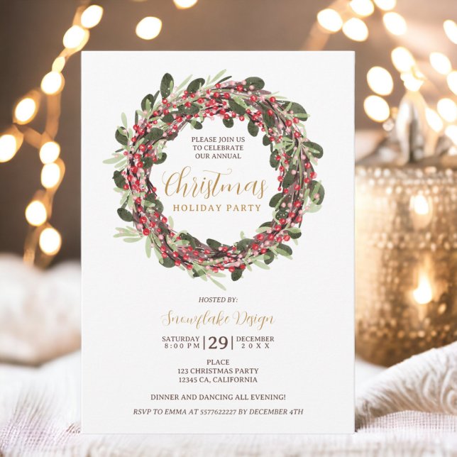 God jul på utandningsfesten i guld inbjudningar (Wreath festive gold corporate Christmas Invitation)