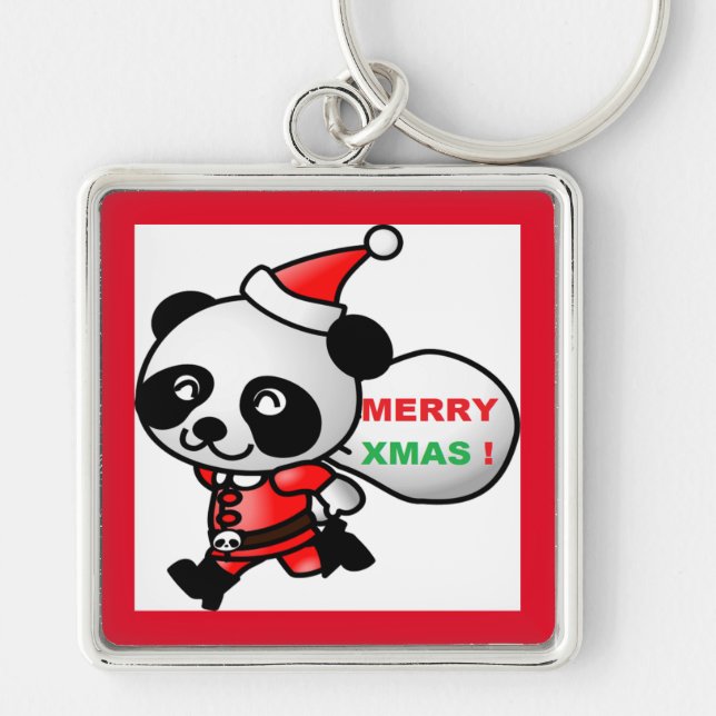 ’GOD JUL’ PANDA BEAR SANTA FYRKANTIG SILVERFÄRGAD NYCKELRING (Framsidan)