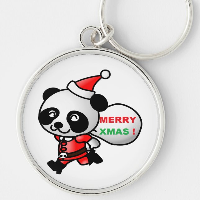 ’GOD JUL’ PANDA BEAR SANTA RUND SILVERFÄRGAD NYCKELRING (Framsidan)