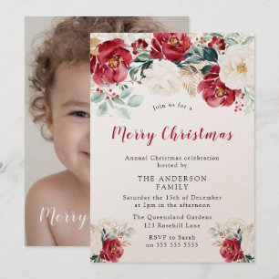God jul Party Shimmer Burgundy Red Flowers Inbjudningar