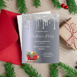 God jul, party silver, glitter vykort<br><div class="desc">Faux silver foil som bakgrund, med faux silver droppar och vintage röd Jultomten sleigh fylld med gåvor som dekor. Med texten: Jul Party skriven med ett modernt och trendig stort skript i stil. Mallar för information om party. Tips! Om du inte vill att det ska se ut som ett vykort...</div>