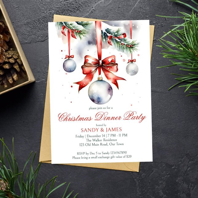 God jul, party, traditionell vattenfärg inbjudningar (Christmas dinner party template invitation instant download traditional red ribbon snowy pines)
